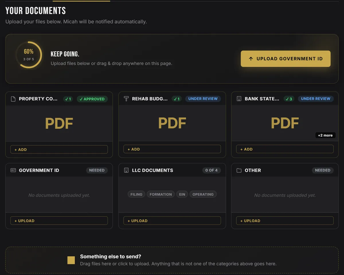 Documents tab with upload progress and a status on each category