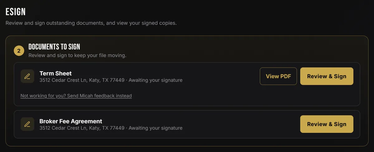 eSign tab listing the term sheet and broker fee agreement ready to sign